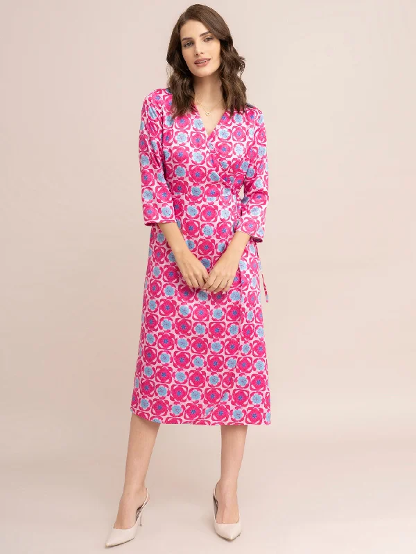 Best Deals Satin Floral Print Wrap Dress - Fuchsia