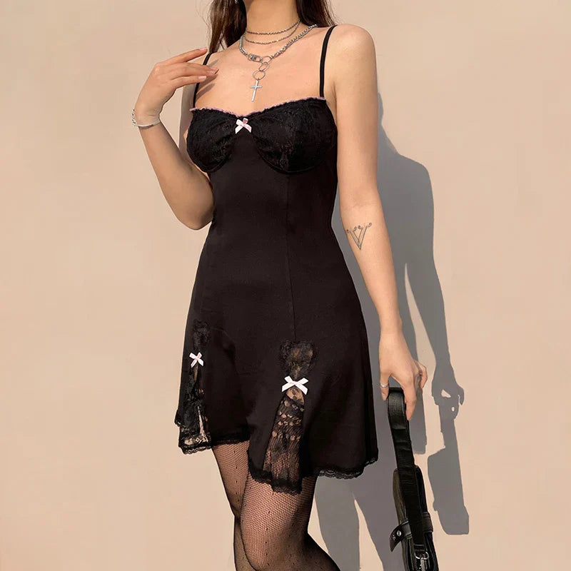 Must-Have Deals Black Gothic Lolita Style Lace Trim Sleeveless V Neck Bow Y2K Grunge Mini A-Line Dress Must-Have Deals Black Gothic Lolita Style Lace Trim Sleeveless V Neck Bow Y2K Grunge Mini A-Line Dress