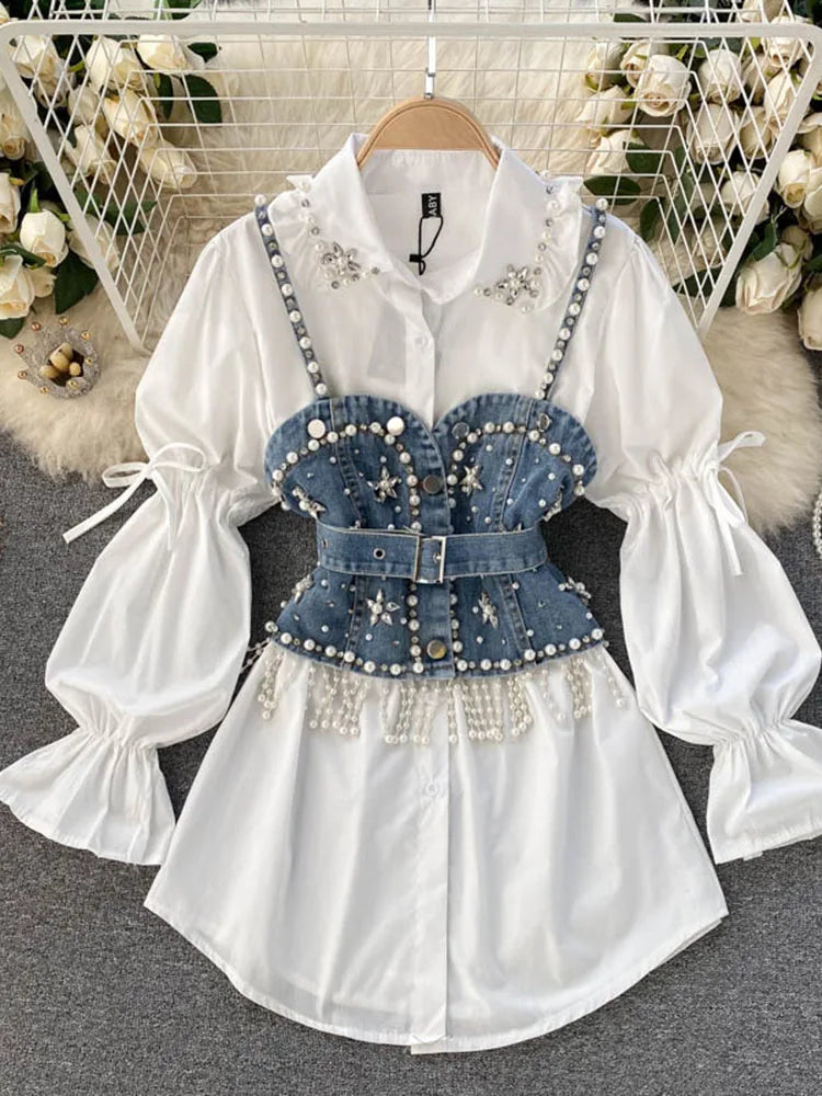 Exclusive Access Znbbw Autumn New Blouse Women's Diamond Beaded Puff Sleeve Blusa Top Tassel Pearl Sling Waistcoat Two-piece Stacking Shirt C813 Exclusive Access Znbbw Autumn New Blouse Women's Diamond Beaded Puff Sleeve Blusa Top Tassel Pearl Sling Waistcoat Two-piece Stacking Shirt C813