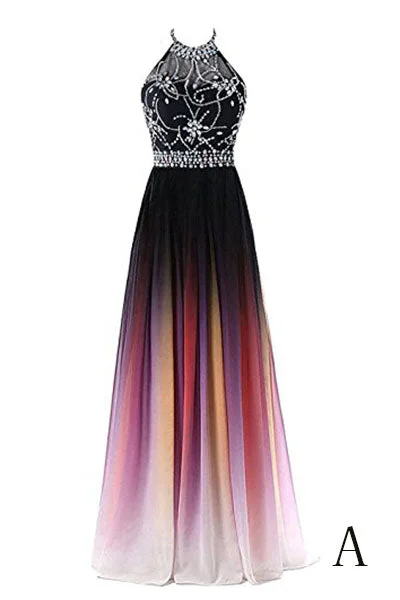 Instant Discount A Line Halter Gradient Chiffon Long Beading Prom Dresses N662