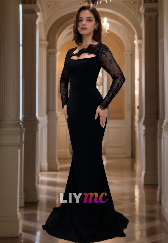 Price Cut Scoop Long Sleeves Illusion Lace Appliques Mermaid Formal Dress
