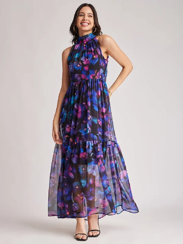 Super Deal Floral Halter Neck Dress - Black And Multicolour