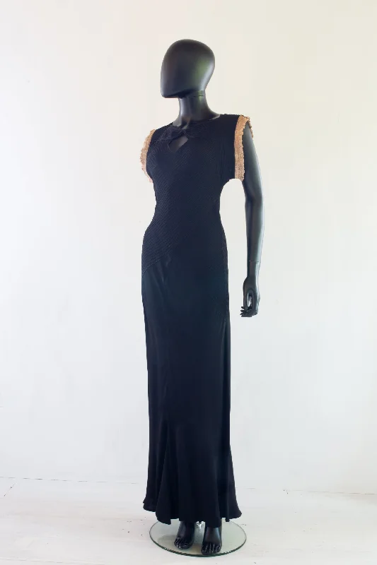 Overstock Vintage 1930s Black Crepe Pin Tuck Gown
