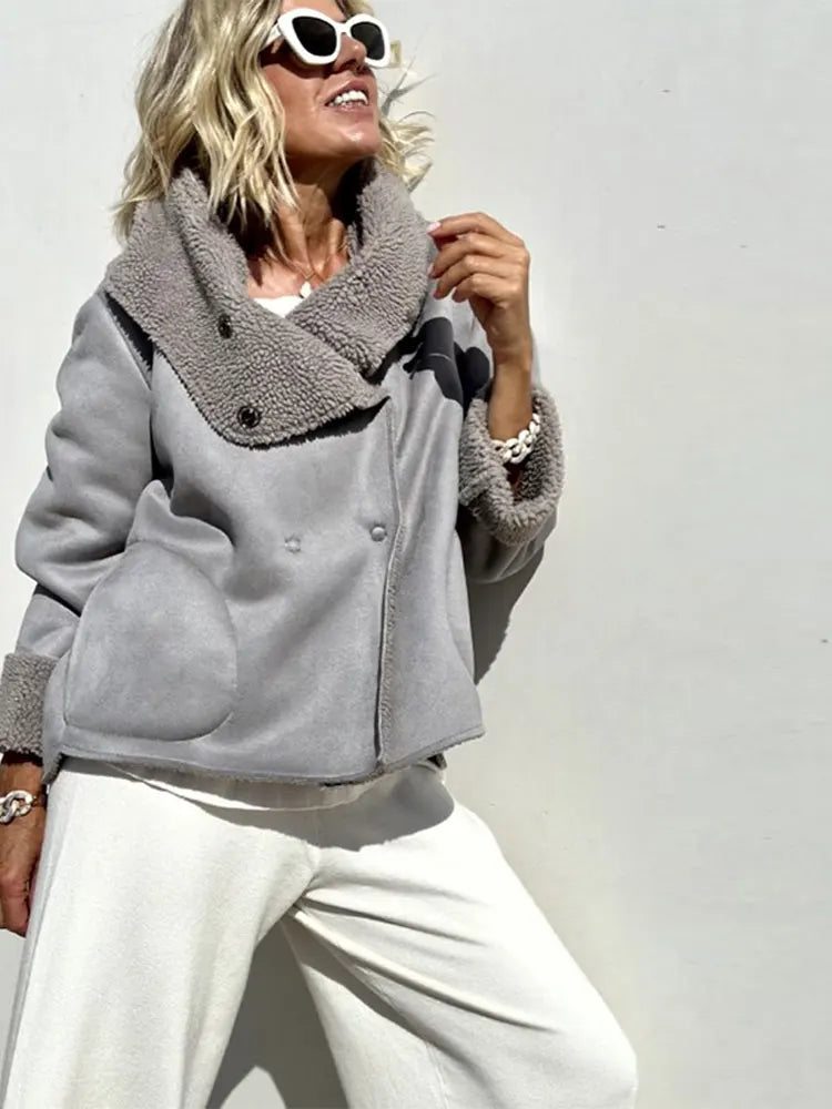 Special Savings Znbbw Sleeved Lapel Lamb Wool Patchwork Short Jacket Fashion Casual Women's Cropped Coat Chic Holiday Party Outwear