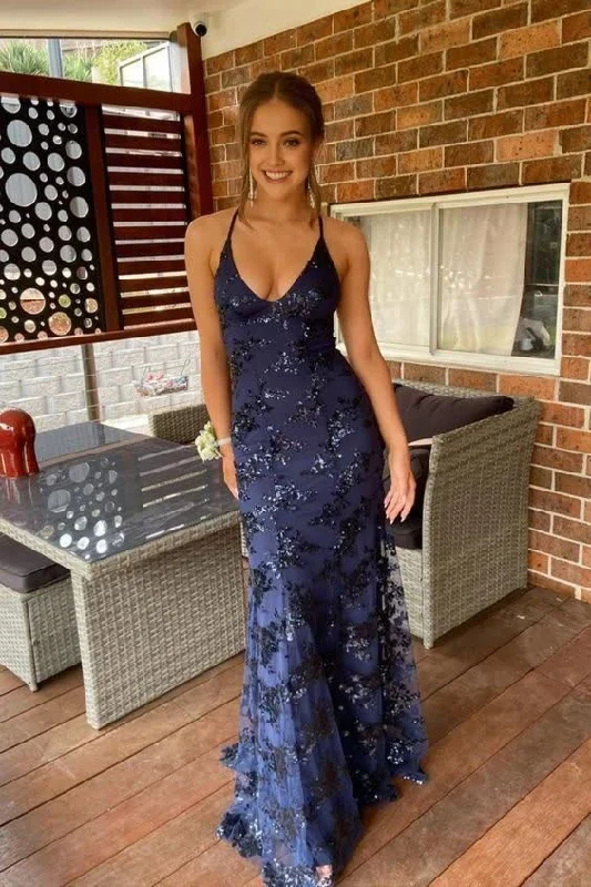 Online Only Navy Blue Mermaid Tulle And Sequins Long Formal Prom Dress With V Neckline And Lace Up Back