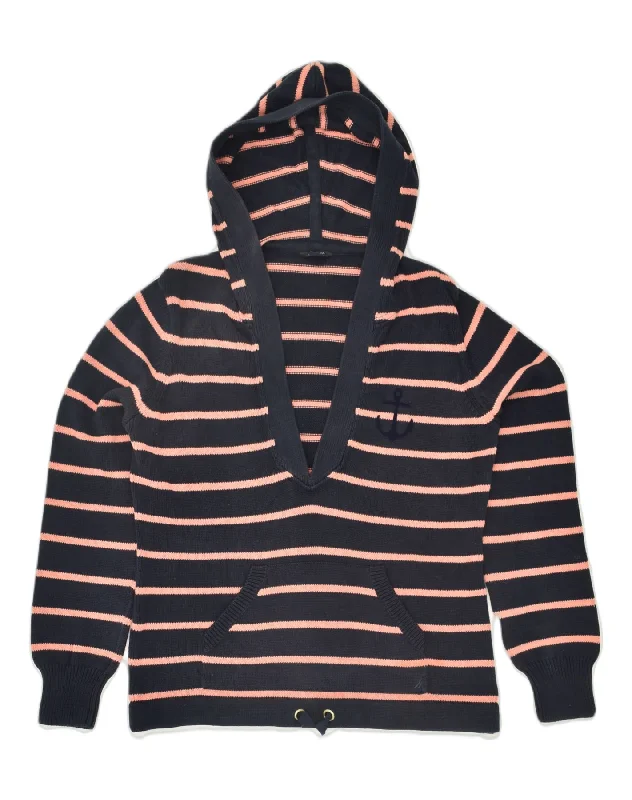 Early Access NAUTICA Womens Hooded V-Neck Jumper Sweater UK 16 Large Navy Blue Striped