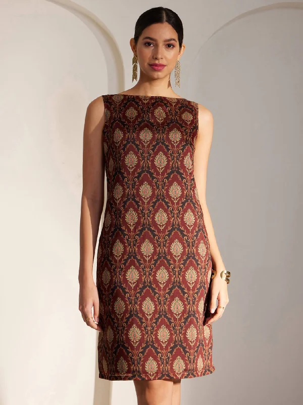 Limited Availability Chanderi Indian Motifs Shift Dress - Maroon