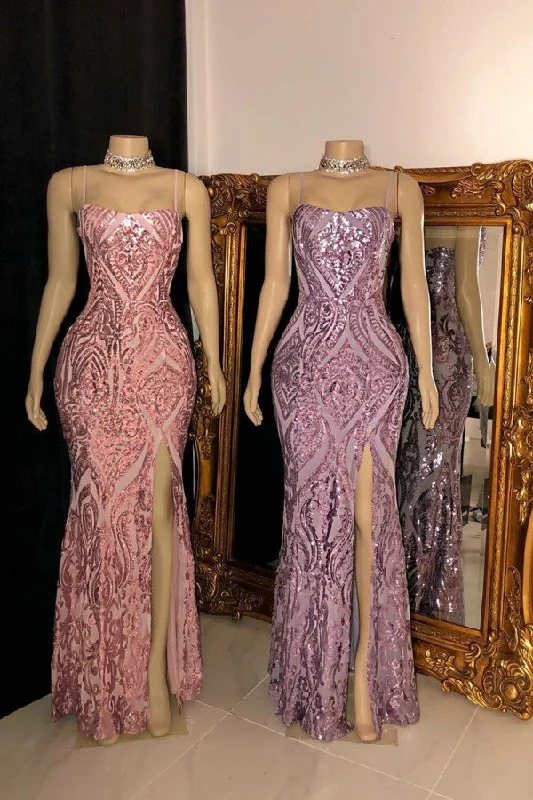 Best Seller Gorgeous Spaghetti Straps Front Slit Sequins Mermaid Prom Dresses