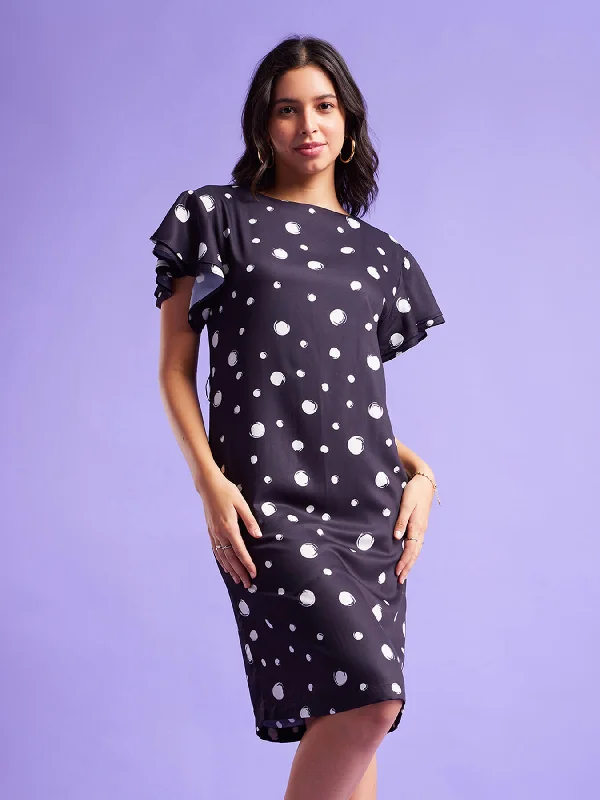 Discount Deals Polka Print Bell Sleeves Dress - Black