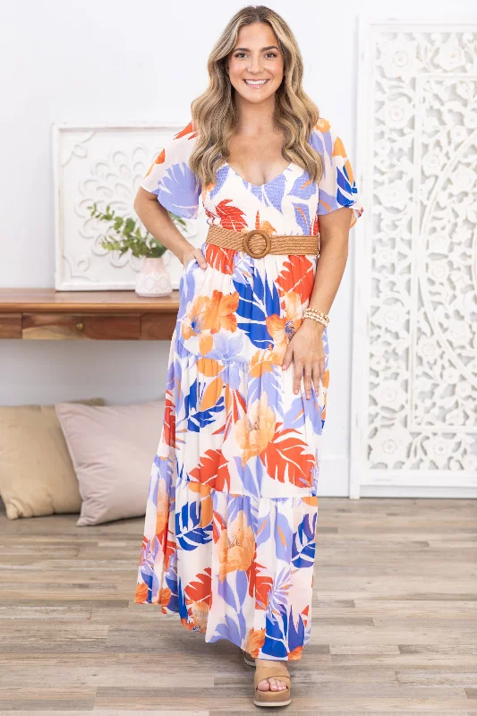 Final Clearance Blue and Orange Palm Tree Print Maxi Dress