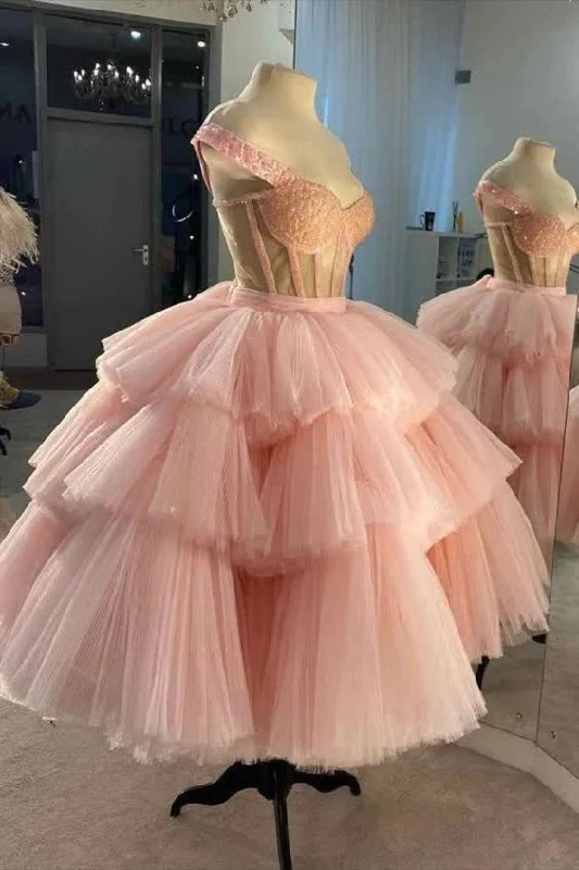Deal Explosion Off The Shoulder Tiered Pink Homecoming Dress