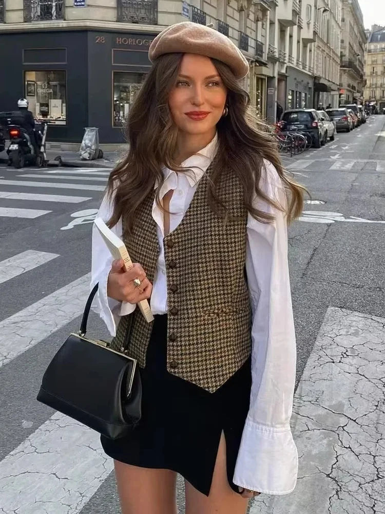 Limited Availability Znbbw Sleeveless Single Button Houndstooth Vintage Vest for Women Autumn Spring Short V Neck Pockets Vest Waistcoat 2024 Limited Availability Znbbw Sleeveless Single Button Houndstooth Vintage Vest for Women Autumn Spring Short V Neck Pockets Vest Waistcoat 2024