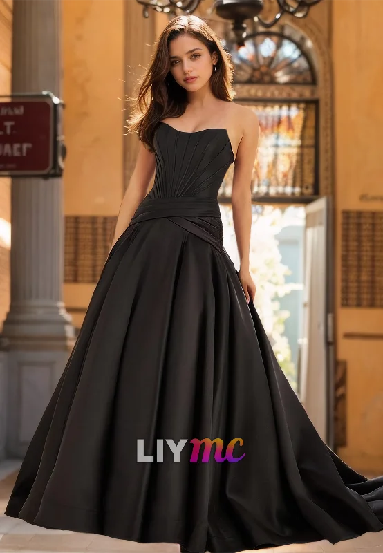 Don't Wait Off-Shoulder Strapless Pleated Corset A-Line Satin Prom Dress