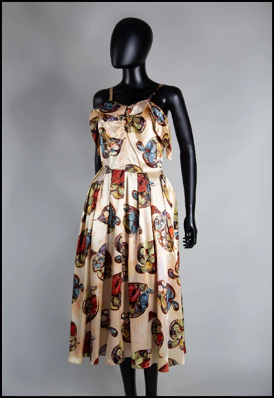 Factory Direct Sale Vintage 1940s Gold Floral Print Satin Dress