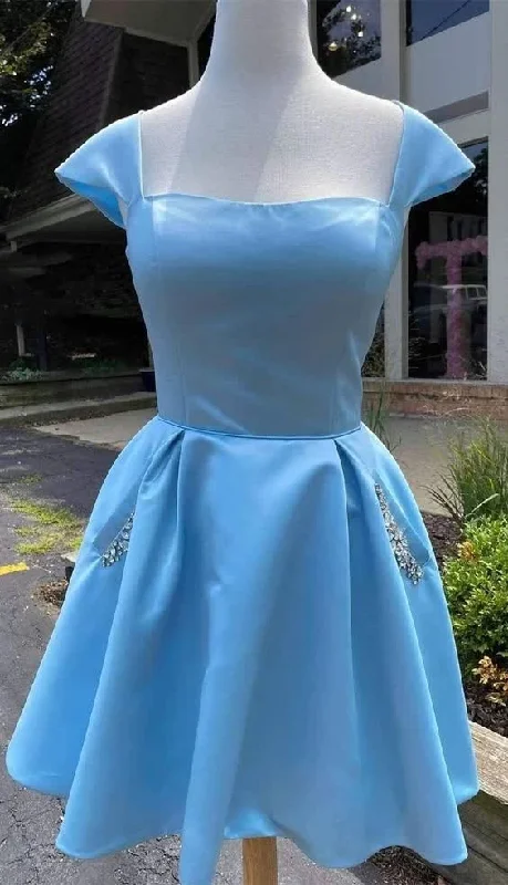 Savings Alert Cap Sleeves Light Sky Blue Satin Short Homecoming Dress With Beaded Bodice