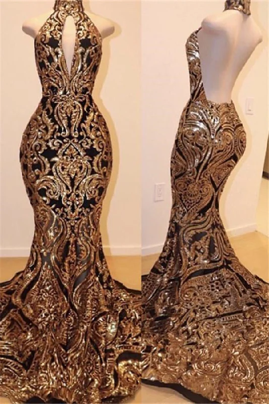 Act Now Halter Keyhole Neckline Sequins Appliques Mermaid Prom Dresses