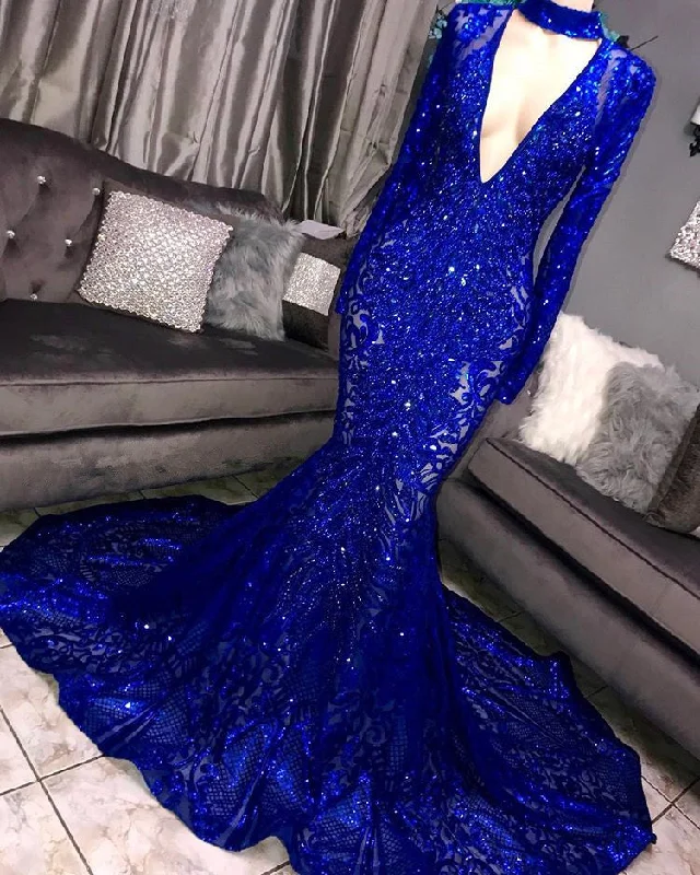 YEAR-End Sale Long Sleeves V-neck Mermaid Prom Dress Sequins Long Chiffon Red Royal Blue