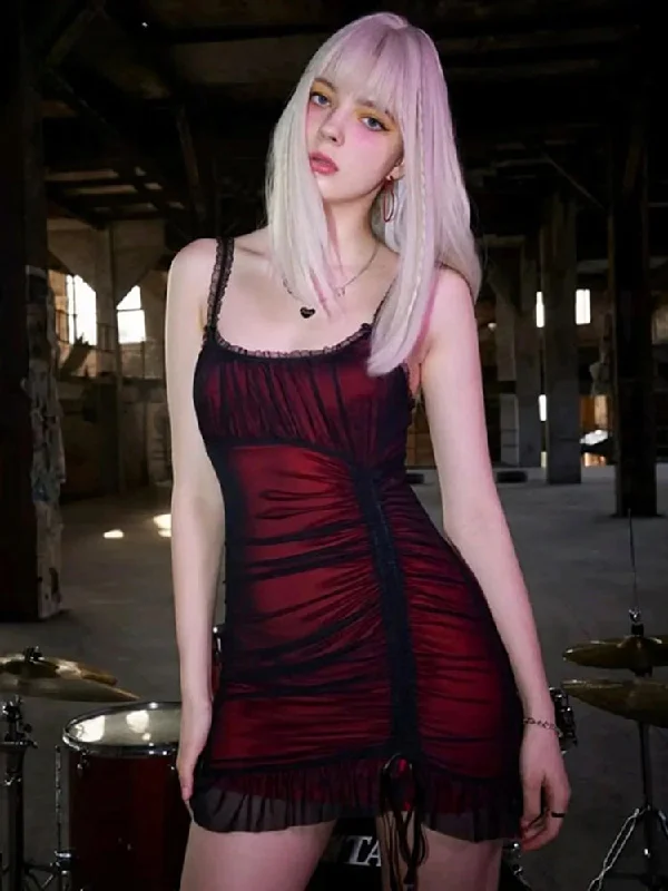 Act Now Dark Sleeveless Drawstring Mini Double Aesthetic Mesh Vintage Bodycon Ruched Red Dress