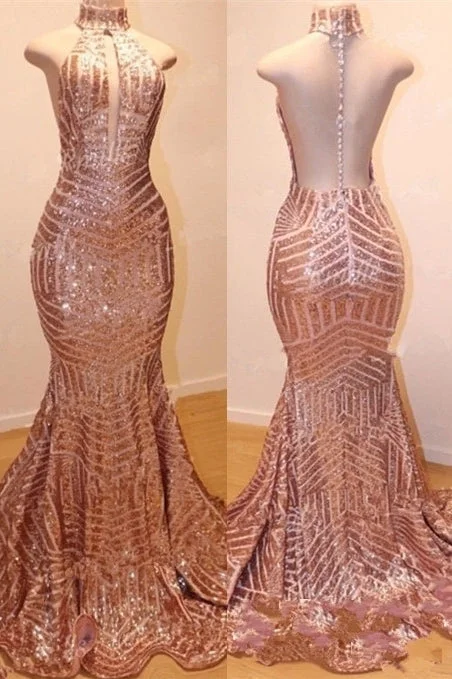 Stock Clearance Shiny High Neck Sleeveless Sequins Mermaid Prom Dresses