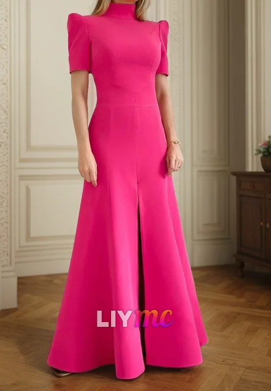 Exclusive Offers LP2287 - High Neck Short Sleeves A-Line Pleated Sleek Satin Prom Dress Exclusive Offers LP2287 - High Neck Short Sleeves A-Line Pleated Sleek Satin Prom Dress