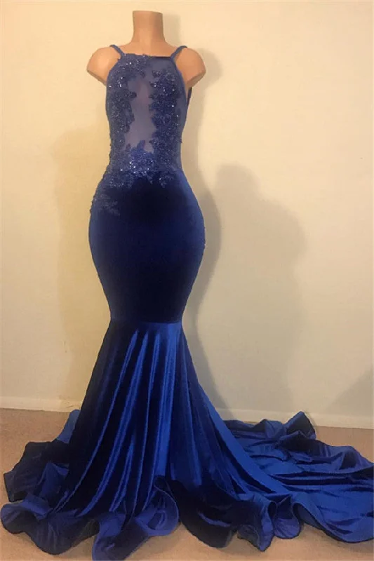 Weekend Deal Chic Mermaid Spahgetti-Straps Openback Velvet Applique Prom Party Gowns