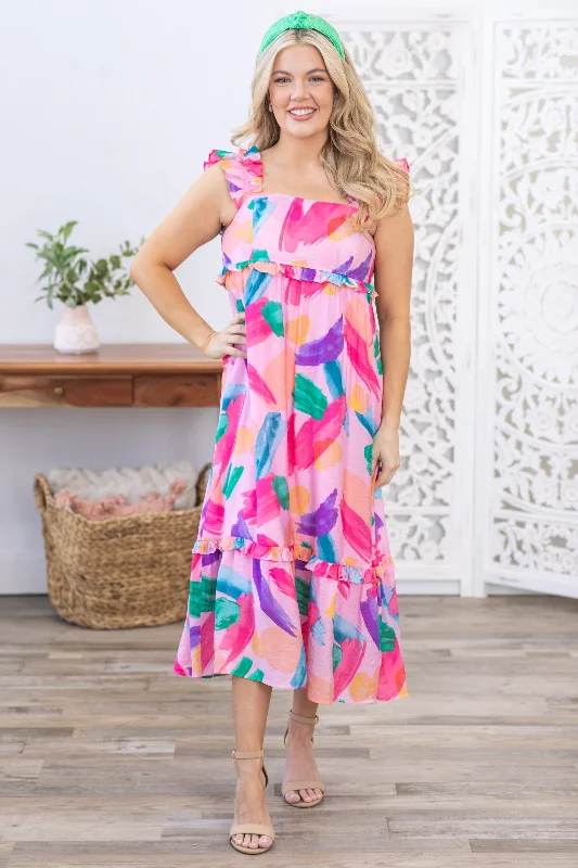 Referral Discount Pink Multicolor Ruffle Straps Midi Dress