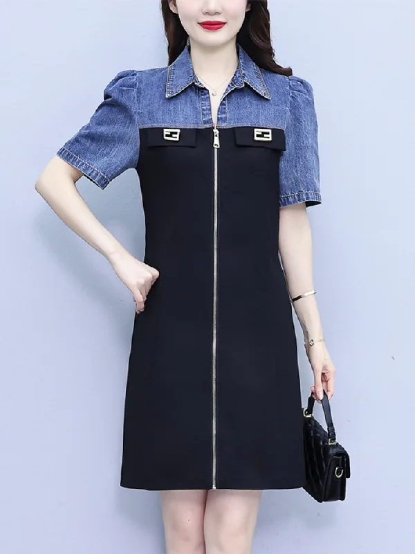 Big Discounts Plus Size Puff Sleeve Denim Black Dress