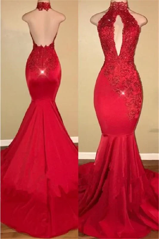 Online Exclusive Chic Halter Mermaid Prom Party GownsLong With Lace Appliques
