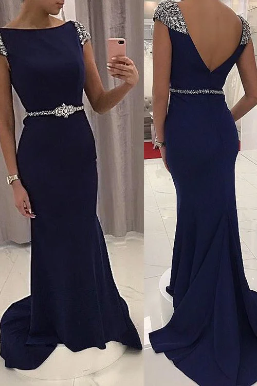 Super Savings Mermaid Navy Blue Sequined Cap Sleeve Prom Dresses