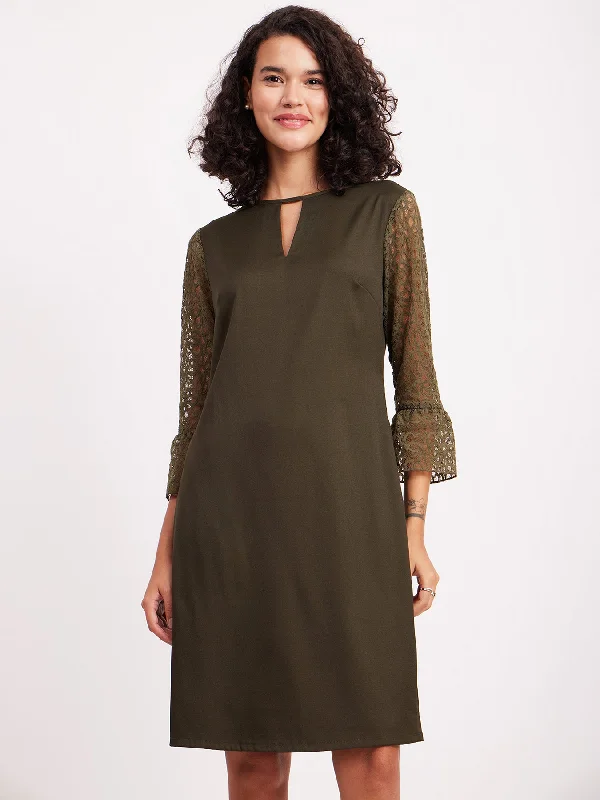 Mega Sale Round Neck Lace Dress - Olive