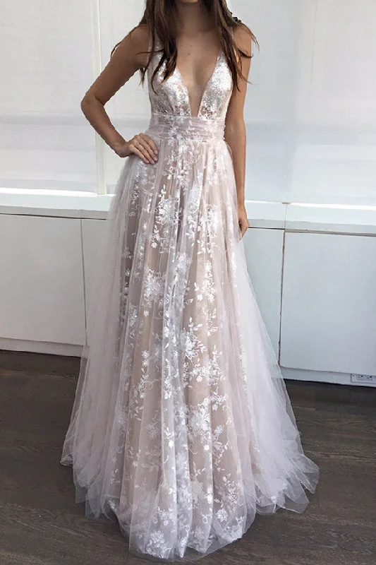 Limited Time Discount A Line Deep V-Neck Sleeveless Tulle Lace Appliques Long Prom Dress Limited Time Discount A Line Deep V-Neck Sleeveless Tulle Lace Appliques Long Prom Dress