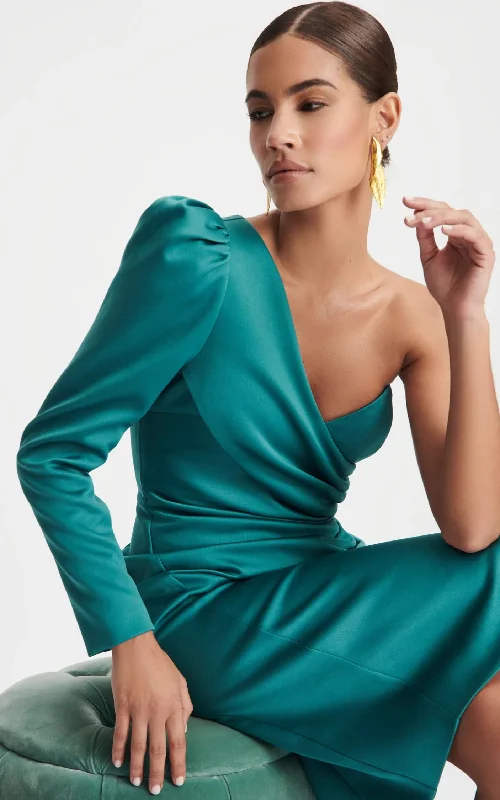Final Clearance Lavish Alice - One Shoulder Bonded Satin Puff Sleeve Midi Dress