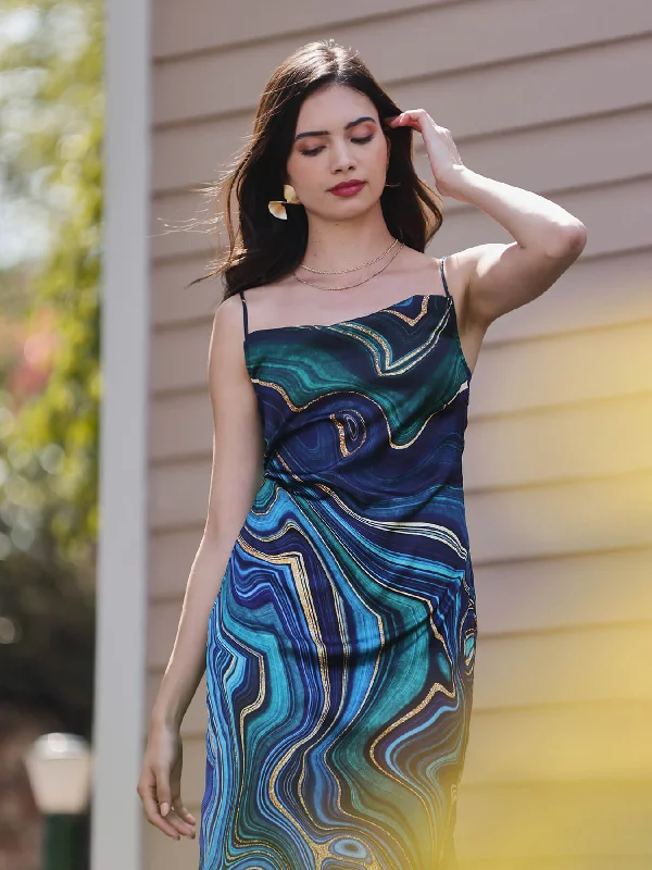 Deal Dash Satin Cowl Neck Dress - Navy Blue
