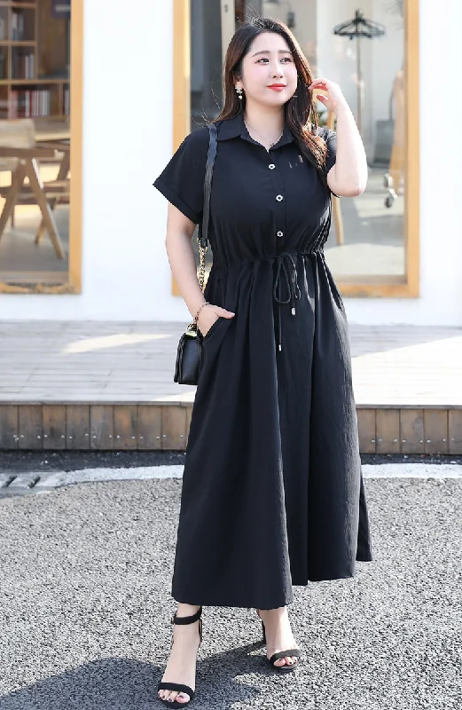 YEAR-End Sale (4XL-8XL) Plus Size Black Midi Short Sleeve Shirt Dress (Extra Big Size)