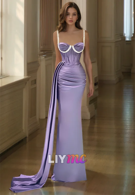 Discount Deals Semi-Sweetheart Spaghetti Straps Beaded Pleated Mermaid Prom Dress