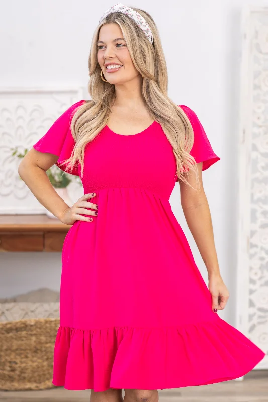Discount Deals Hot Pink Scoop Neck Smocking Woven Dress