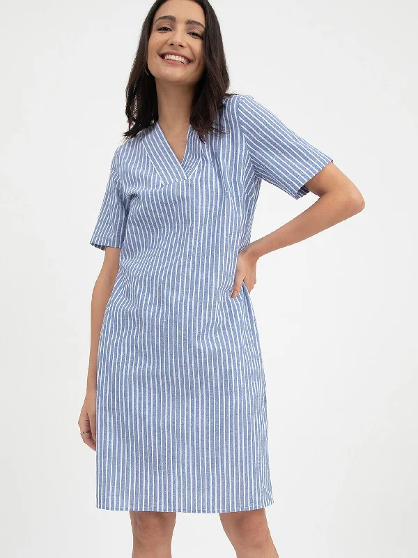 Online Exclusive Linen Striped V Neck Shift Dress - Blue and White