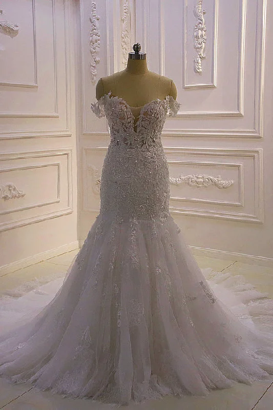 Fantastic Offers AmazingWhite 3D Lace applique Off the Shoulder Mermaid Bridal Gowns Fantastic Offers AmazingWhite 3D Lace applique Off the Shoulder Mermaid Bridal Gowns