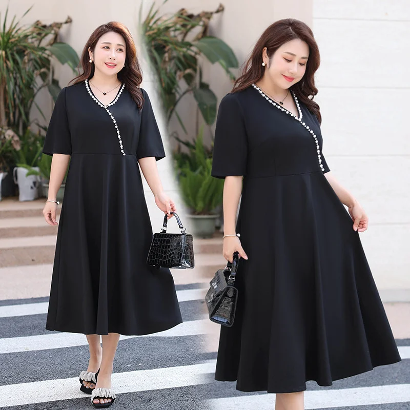 Final Clearance Plus Size Wrap Pearl V Neck Midi Black Dress (Extra Big Size)