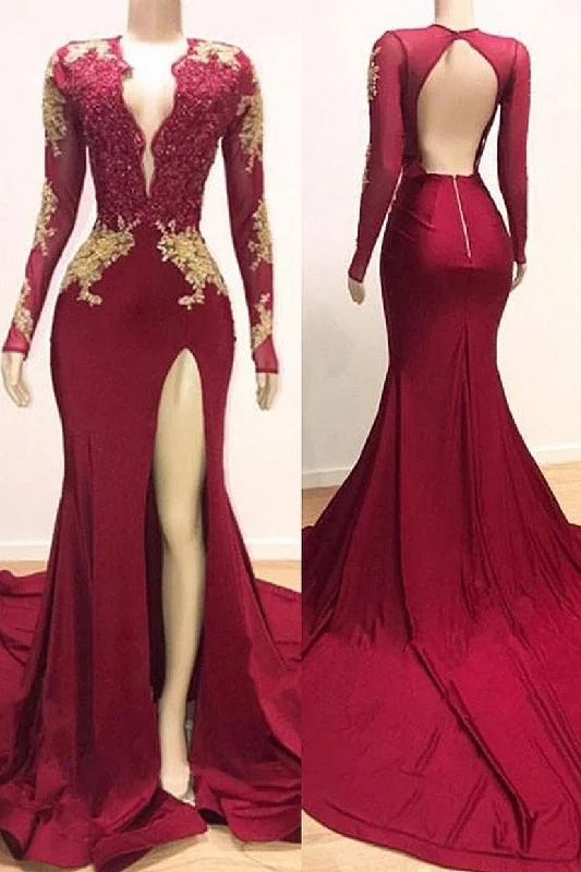 Epic Deals Long Sleeves V-neck Mermaid Prom Dress Red Sequins Long Chiffon