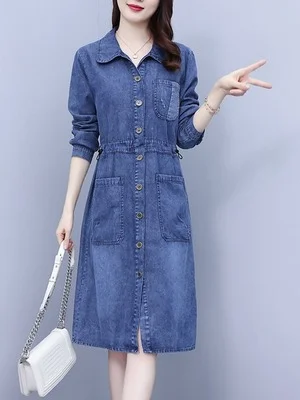 Super Deal Plus Size Pockets Denim Long Sleeve Shirt Dress