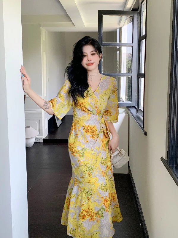 Anniversary Sale Plus Size Korean Yellow Floral Wrap Midi Dress