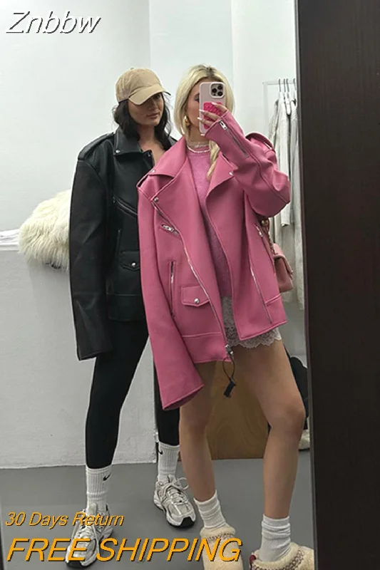 YEAR-End Clearance Znbbw Sleeved Lapel Zipper Solid Leather Jacket Women's Fashion Elegant Cropped Motorcycle Coat 2023 Chic Party Club Outwear