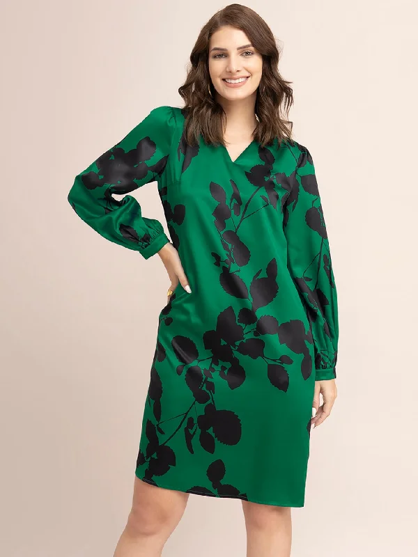 Crazy Deals Satin Floral Print Shift Dress - Green And Black