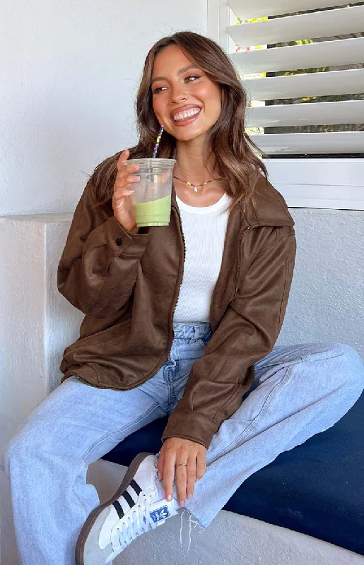 Take Advantage Abbi Brown Faux Suede Bomber Jacket