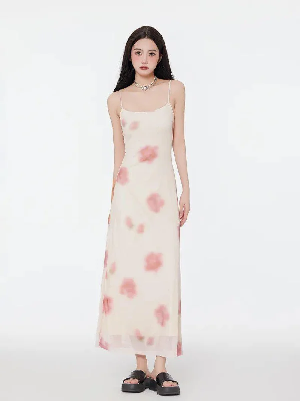 Weekend Deal Floral Mesh Spaghetti Strap Maxi Dress