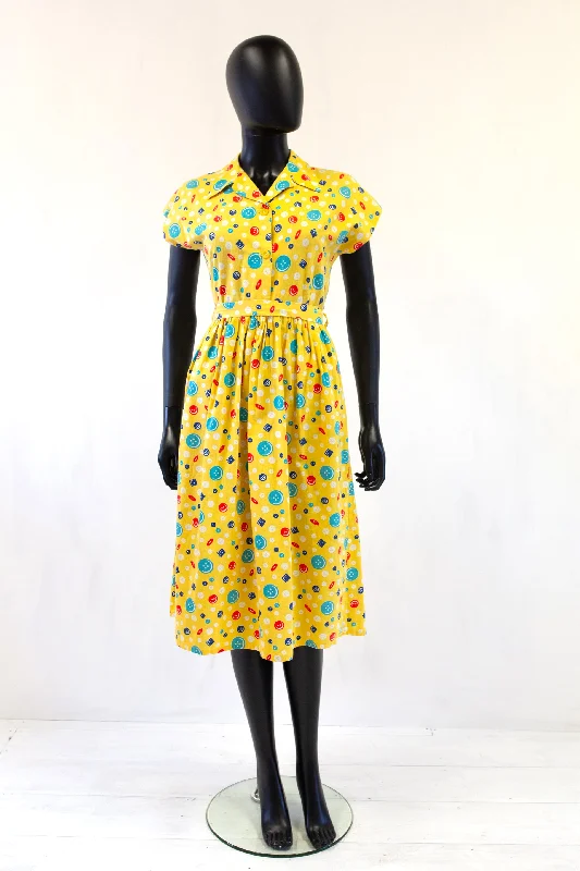 Act Fast Vintage 1940s Yellow Buttons Print Shirt Dress