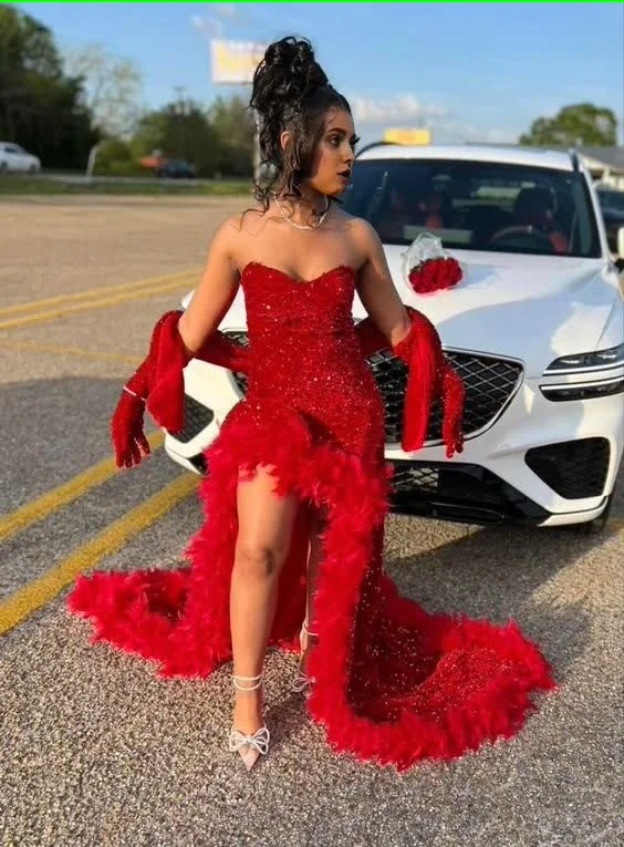 Value Deals Red Sequin Long Prom Dresses with Slit Elegant Formal Dresses