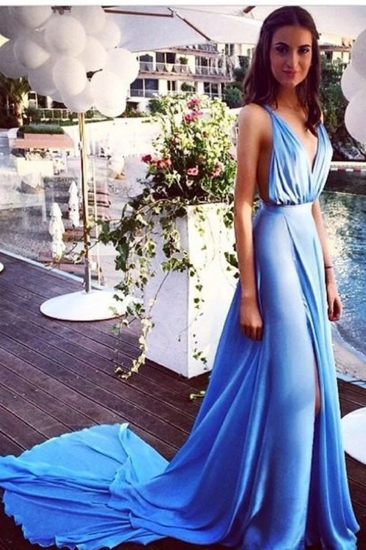 Final Clearance Blue Sleeveless V-Neck Split Court Train Prom Dresses N736