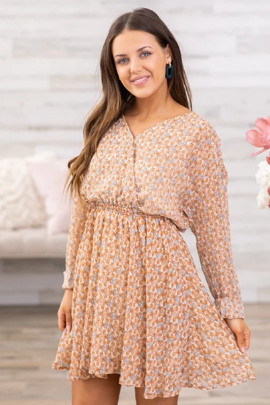 Savings Alert Tan Surplice Front Floral Long Sleeve Dress